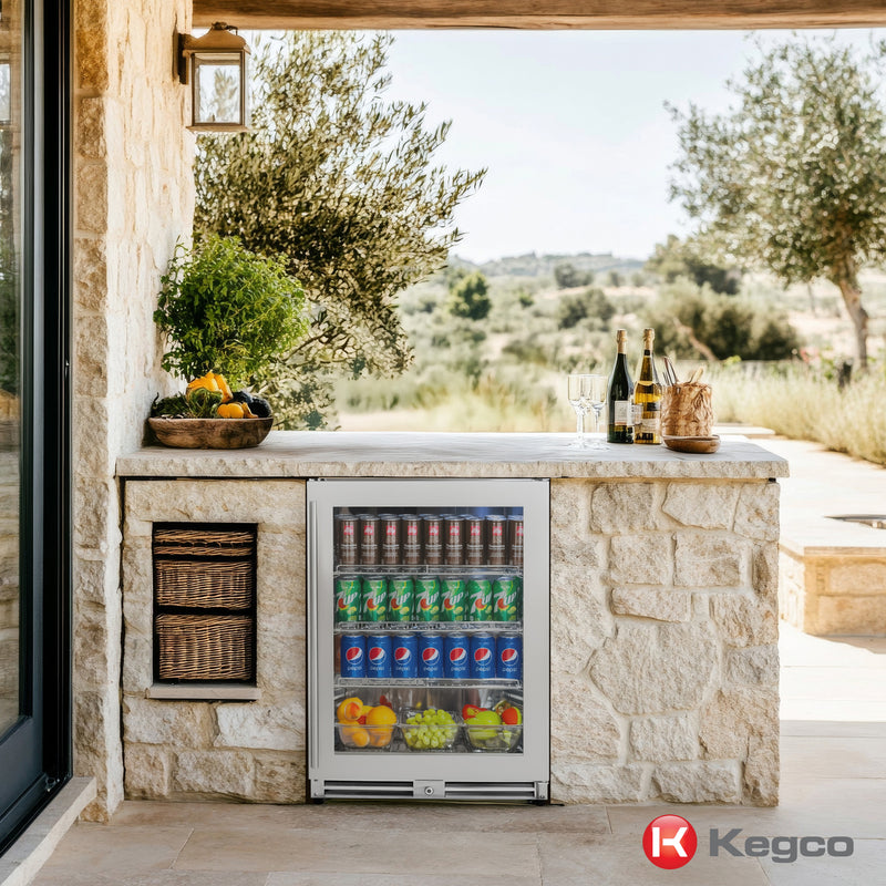 Kegco 24" Wide Outdoor Built-In Left Hinge Beverage Center with Stainless Steel Frame Glass Door