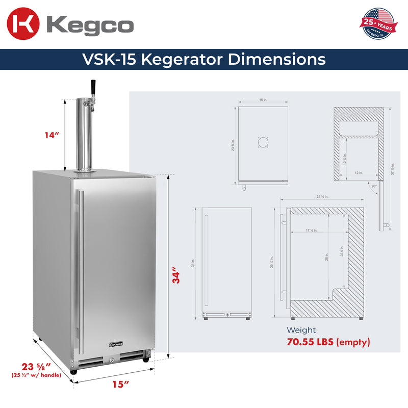 Kegco 15" Wide Outdoor Cold Brew Stainless Steel Built-In Right Hinge Kegerator