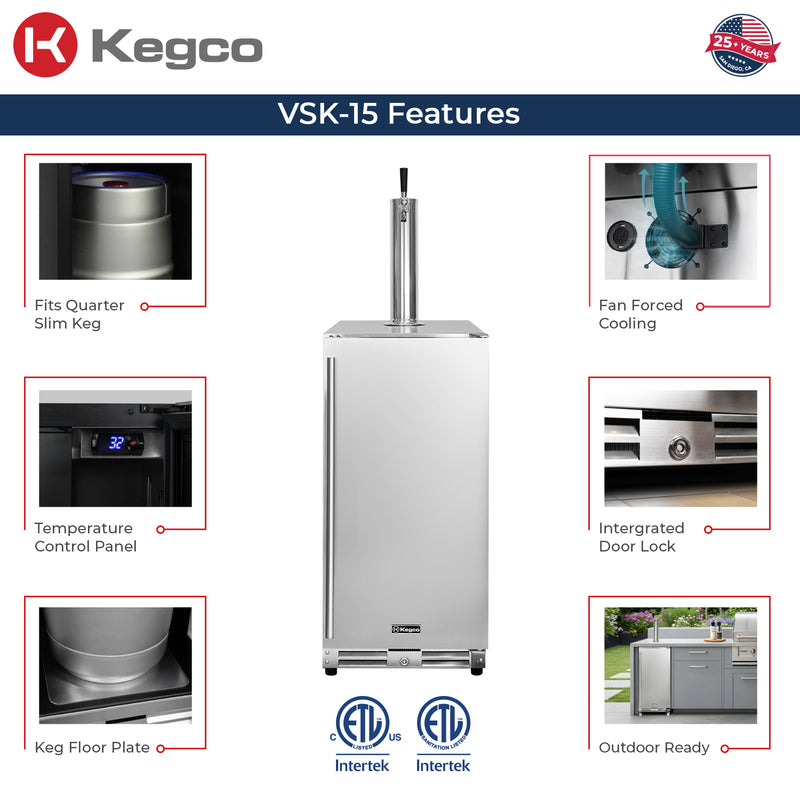 Kegco 15" Wide Outdoor Stainless Steel Built-In Right Hinge Kegerator