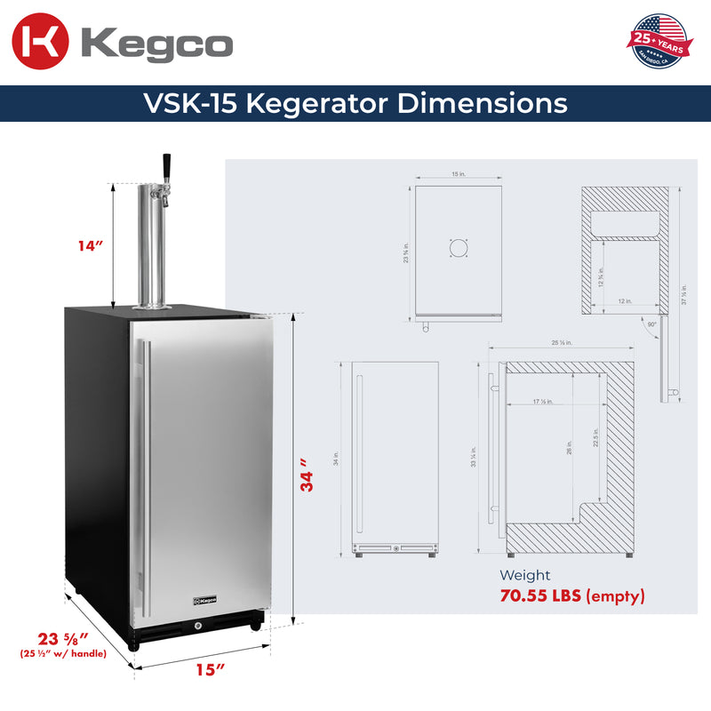 Kegco 15" Wide Undercounter Homebrew Stainless Steel Door Built-In Right Hinge Kegerator