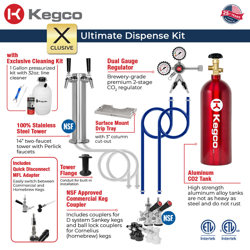 Kegco New 2026 Kegerator 24" Wide Commercial Outdoor Dual Tap Stainless Steel Right Hinge with X-clusive Dispense Kit