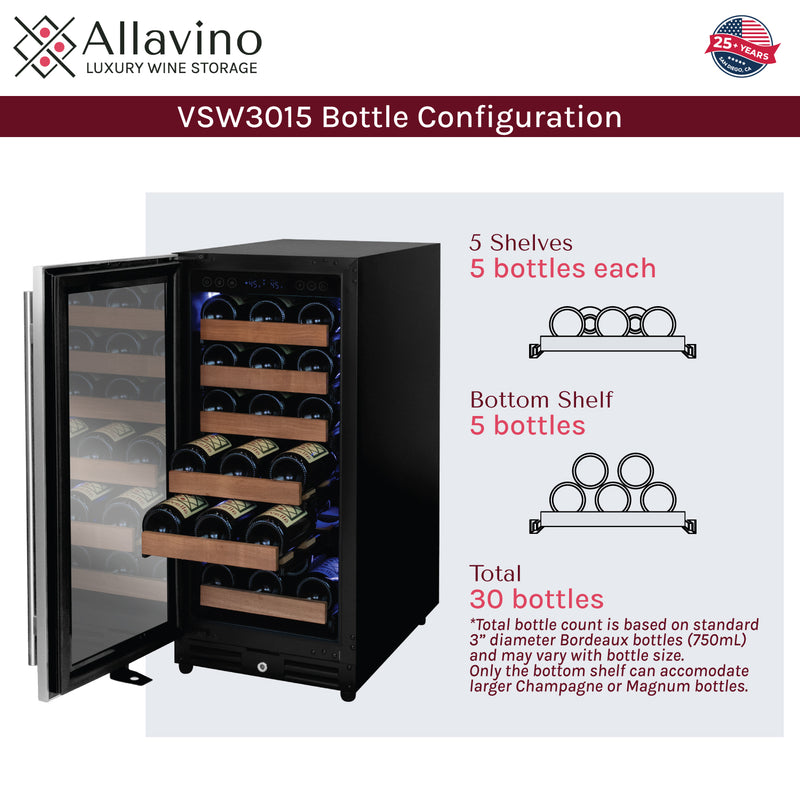 Allavino 15" Wide Reserva Series 30 Bottle Single Zone Stainless Steel Left Hinge Wine Refrigerator