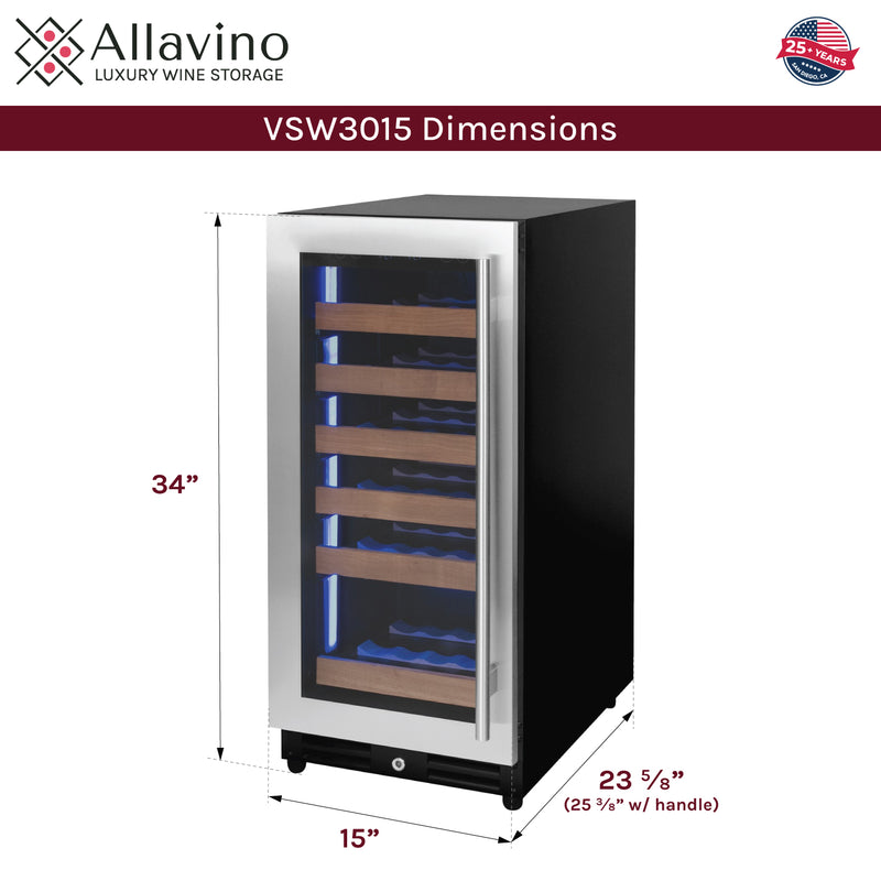 Allavino 15" Wide Reserva Series 30 Bottle Single Zone Stainless Steel Left Hinge Wine Refrigerator