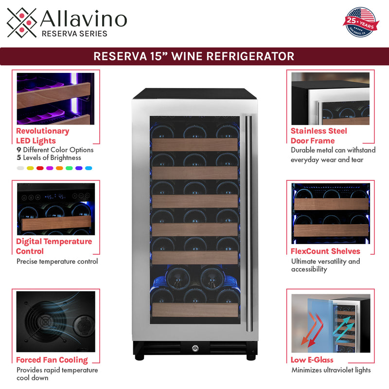 Allavino 15" Wide Reserva Series 30 Bottle Single Zone Stainless Steel Left Hinge Wine Refrigerator