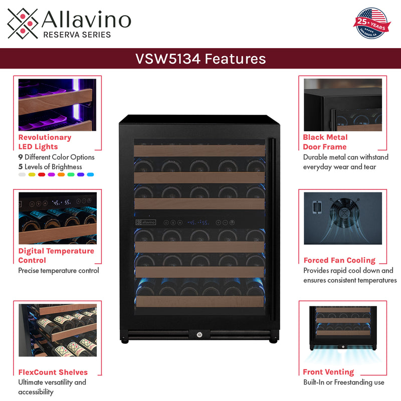 Allavino Reserva Series - 51 Bottle Dual Zone Built-in Luxury Wine Refrigerator with Black Door - Left Hinge