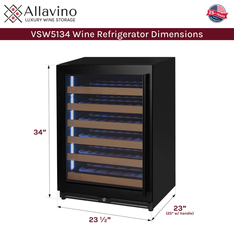 Allavino Reserva Series - 51 Bottle Single Zone Built-in Luxury Wine Refrigerator with Black Door - Left Hinge