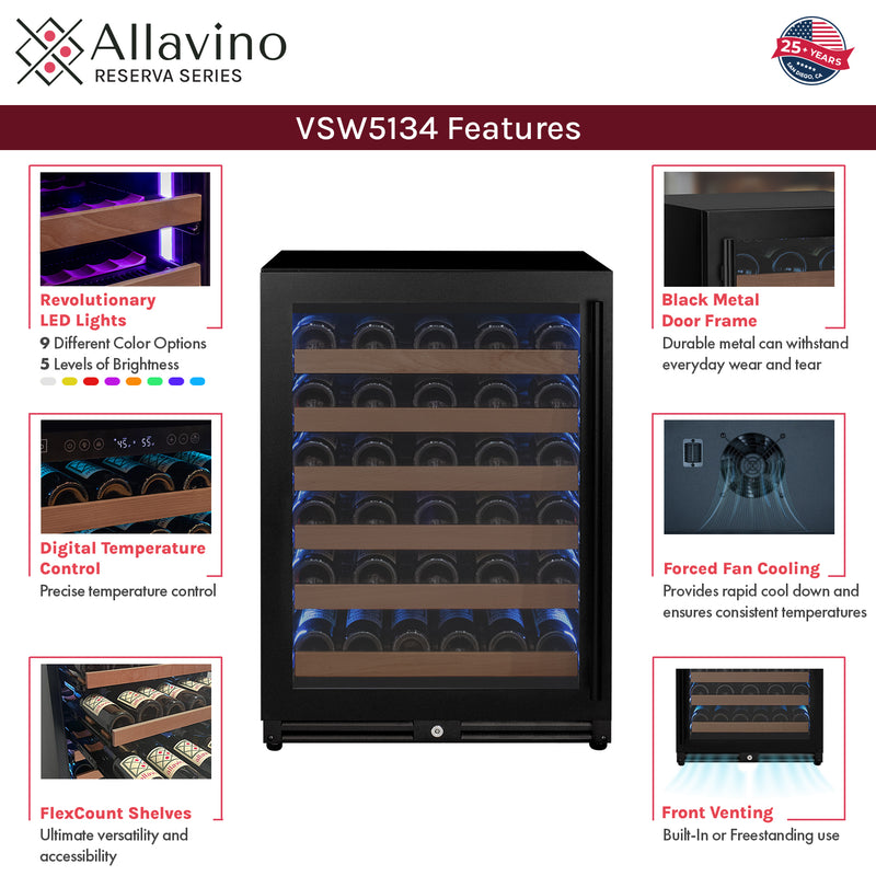 Allavino Reserva Series - 51 Bottle Single Zone Built-in Luxury Wine Refrigerator with Black Door - Left Hinge