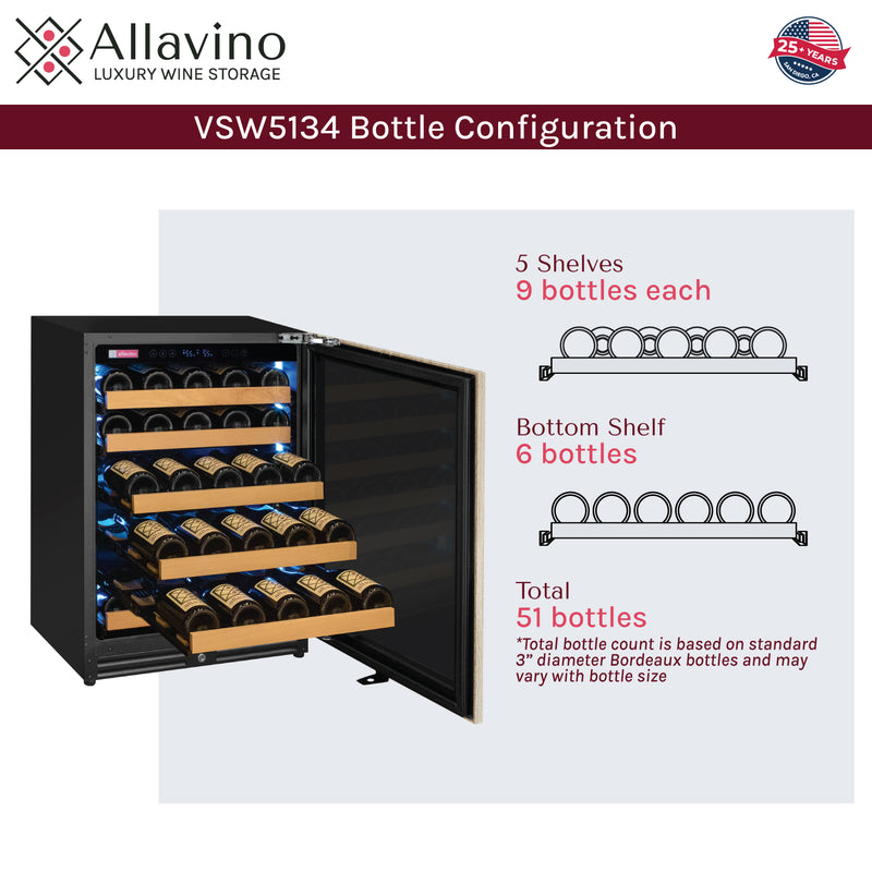 Allavino Reserva Series - 51 Bottle Single Zone Built-in Luxury Wine Refrigerator with Panel Ready Overlay Door - Right Hinge