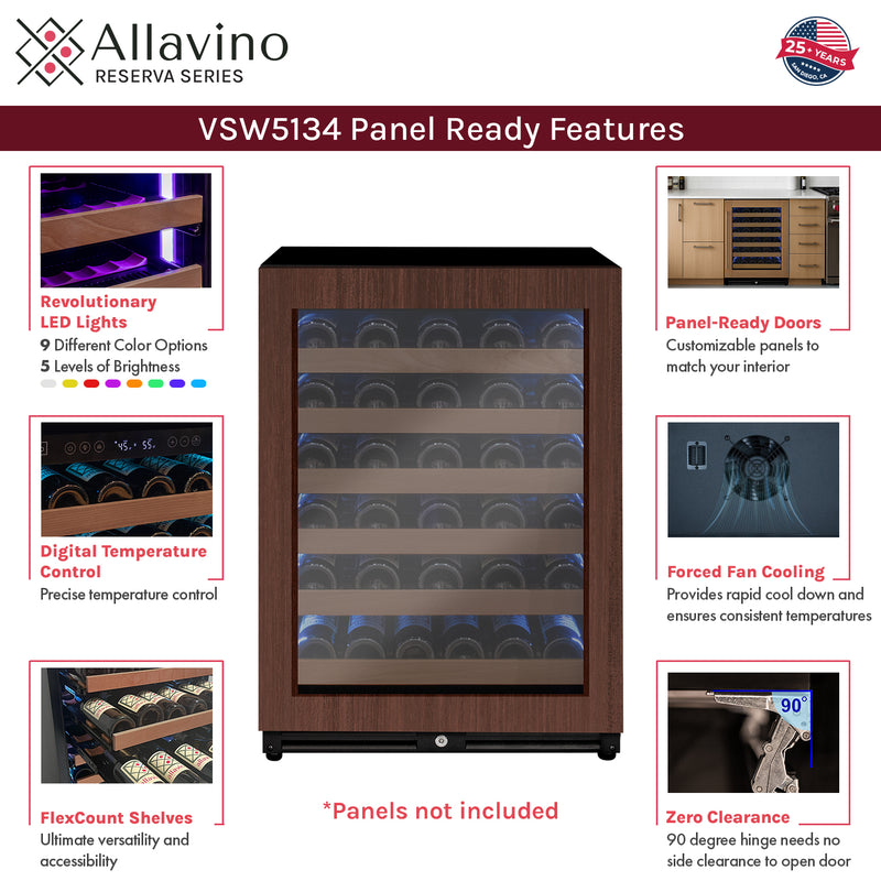 Allavino Reserva Series - 51 Bottle Single Zone Built-in Luxury Wine Refrigerator with Panel Ready Overlay Door - Right Hinge