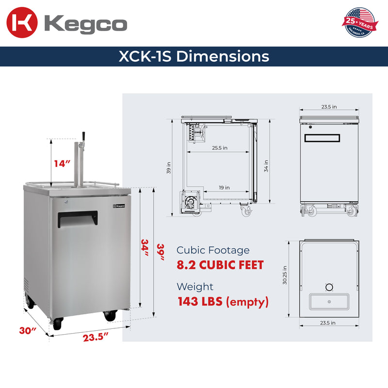Kegco 24" Wide Single Tap All Stainless Steel Commercial Kegerator