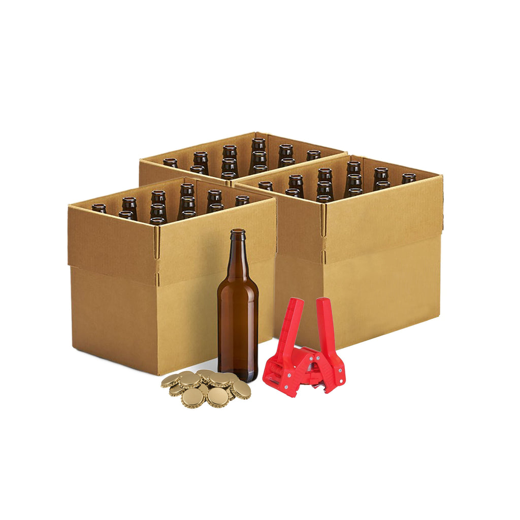 Glass Beer Bottles | Brown - (660 ml) Case of 12 X 3, Emily Capper and Gold Crown Caps (144)