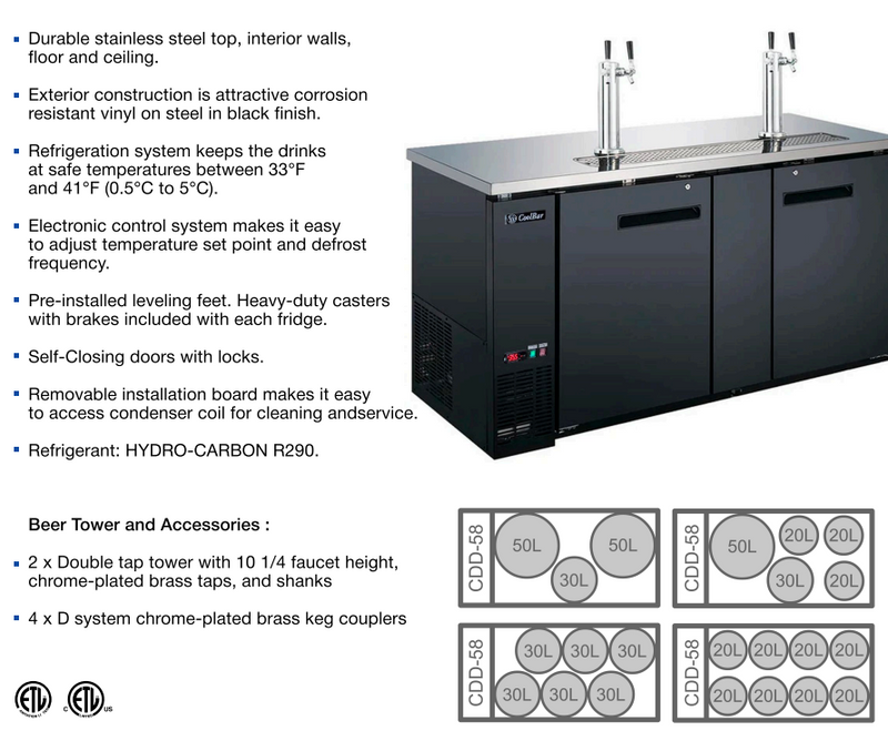 Coolbar Commercial Kegerator, 2 doors, 58" Wide, 27” Deep, 2-Tap Towers (CDD-58-ASM)