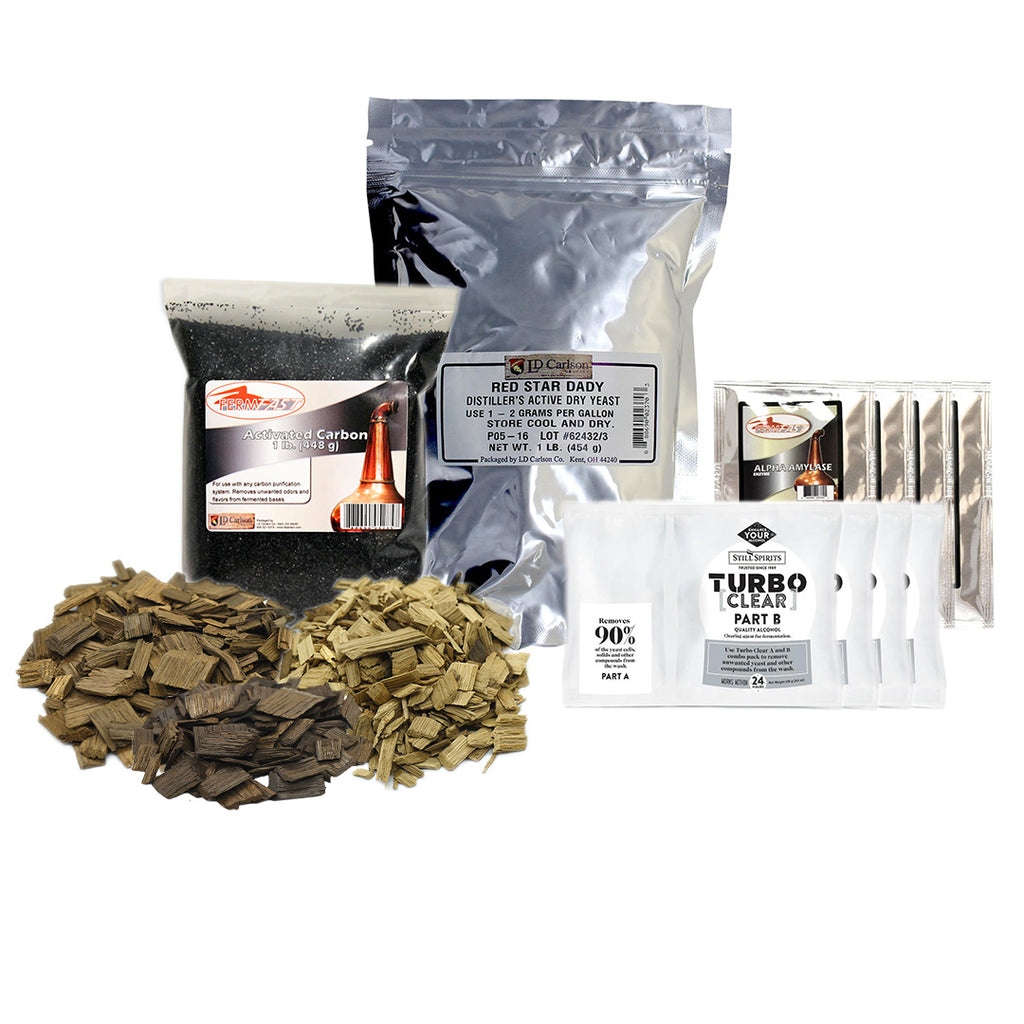 Deluxe Distillers Essentials Kit (DADY) Dry Active Distillers Yeast, Carbon, Oak, Amylase, and Clarifying Agent