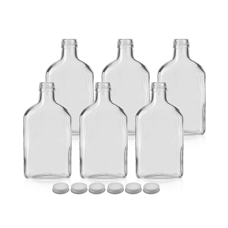 Glass Flasks with Caps - Case of 6 Clear Bottles (200 ml) with White Metal Screw Caps (28mm)    - Toronto Brewing